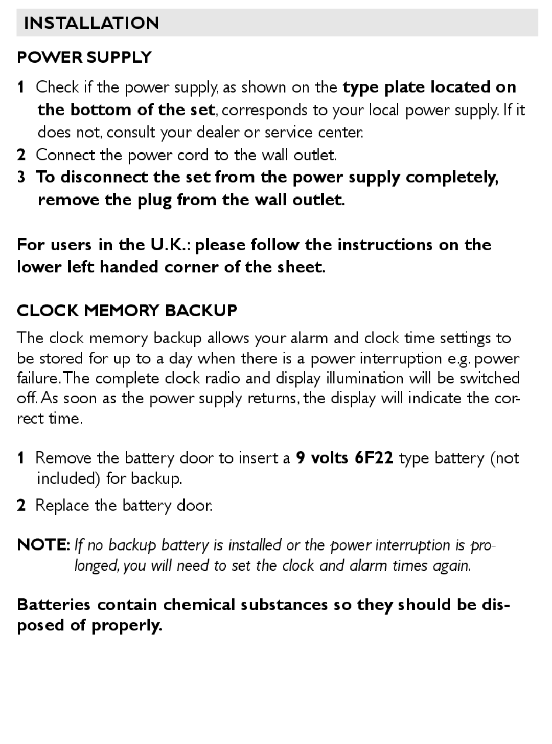 Philips AJ3122/61 user manual Installation POWER SUPPLY, Clock Memory Backup 